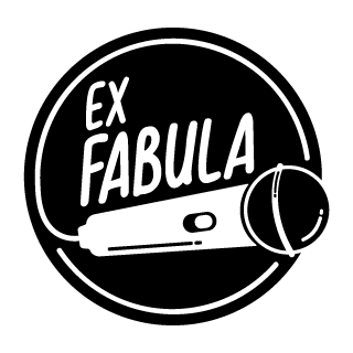Ex Fabula's round logo showing a microphone with a long cord that wraps in a circle around the words "Ex Fabula"